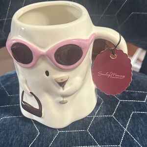 Sunday Morning Ceramics halloween ghost Mug with Pink Sunglasses
